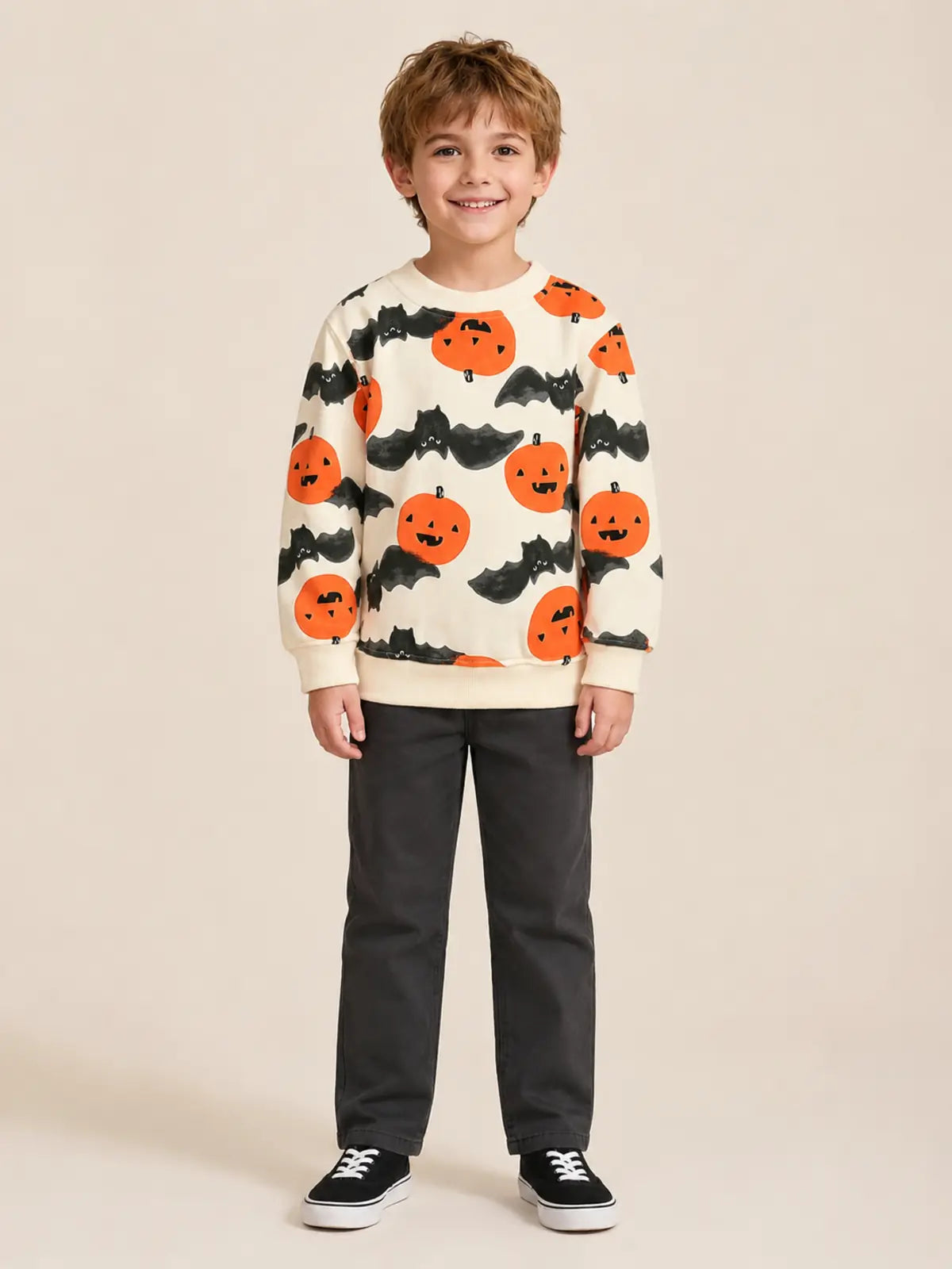 Kids Halloween Long‑Sleeve Sweatshirt, Cartoon Pumpkin Print