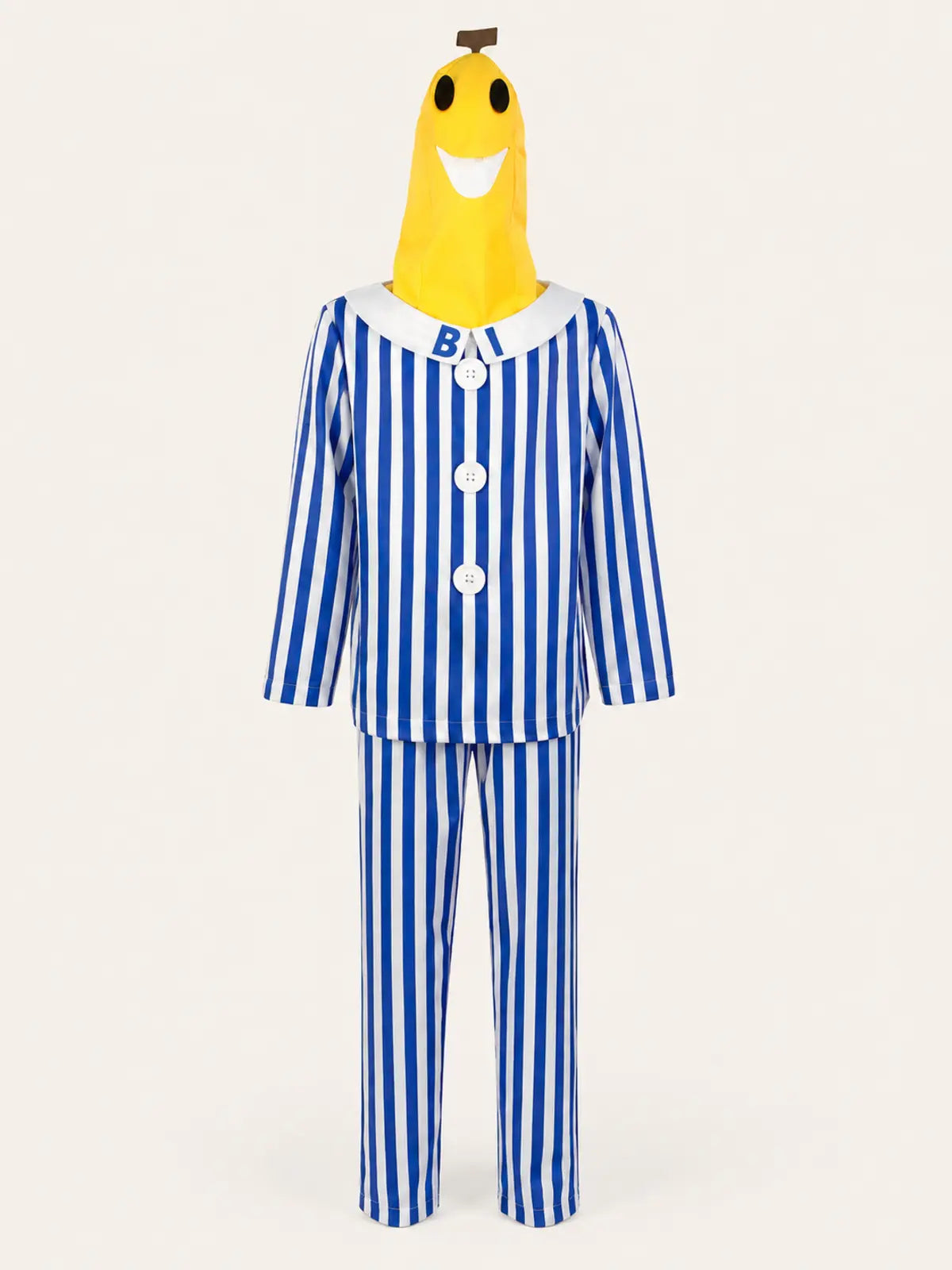 Cartoon Sick Banana Halloween Costume, Blue‑White Striped Banana Role‑Play Pajama Outfit