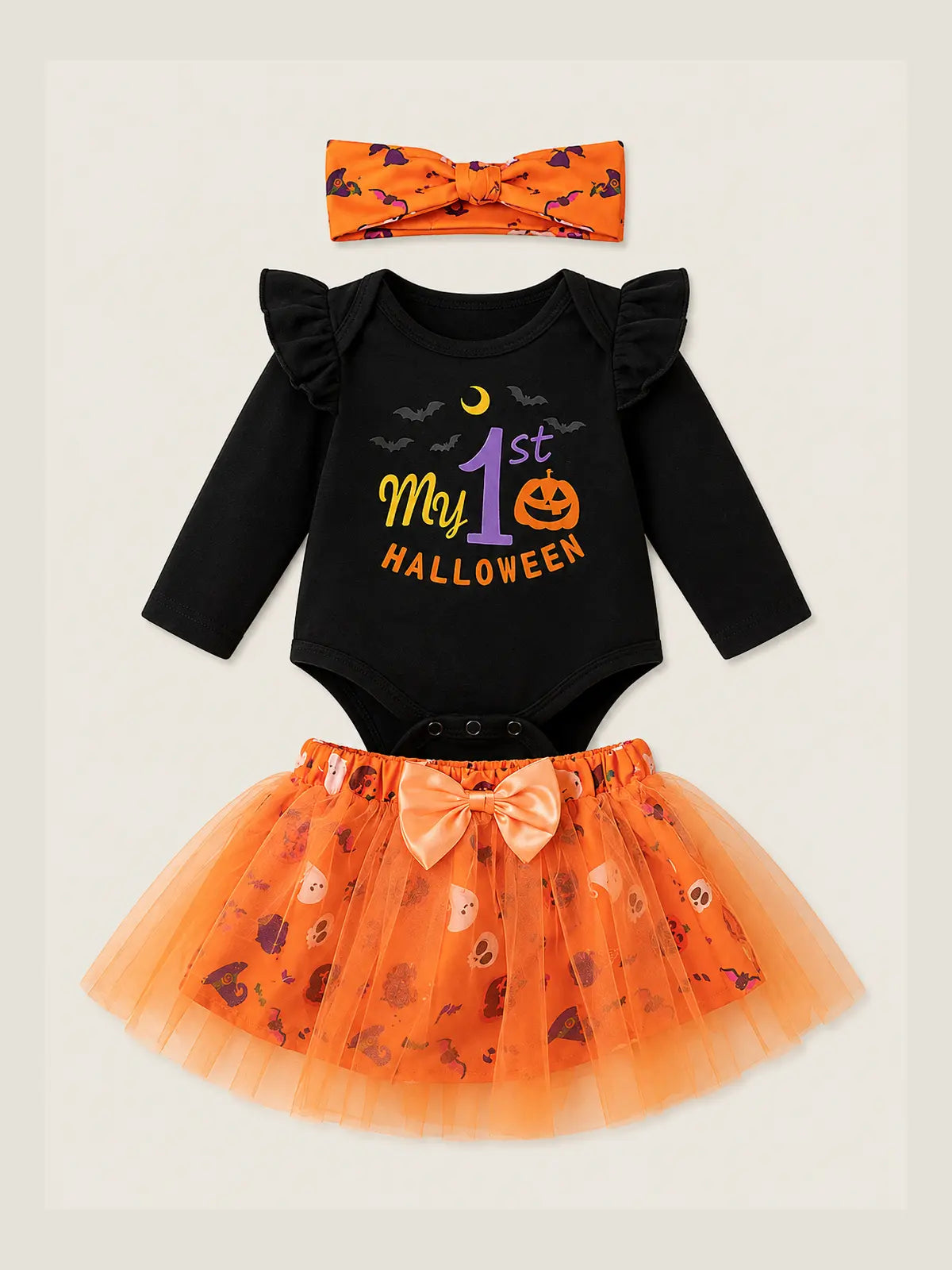 Baby Halloween Party Romper, Cartoon Pumpkin & Witch Hat Costume