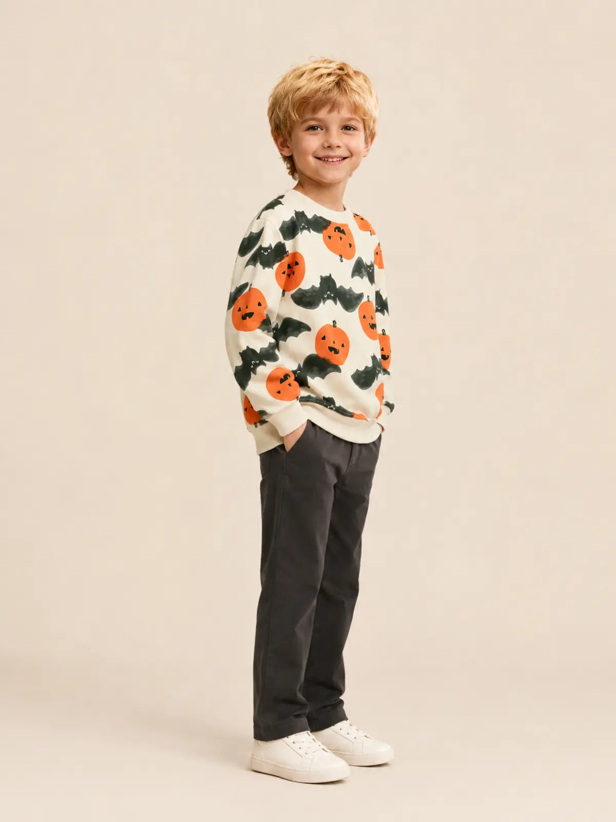 Kids Halloween Long‑Sleeve Sweatshirt, Cartoon Pumpkin Print