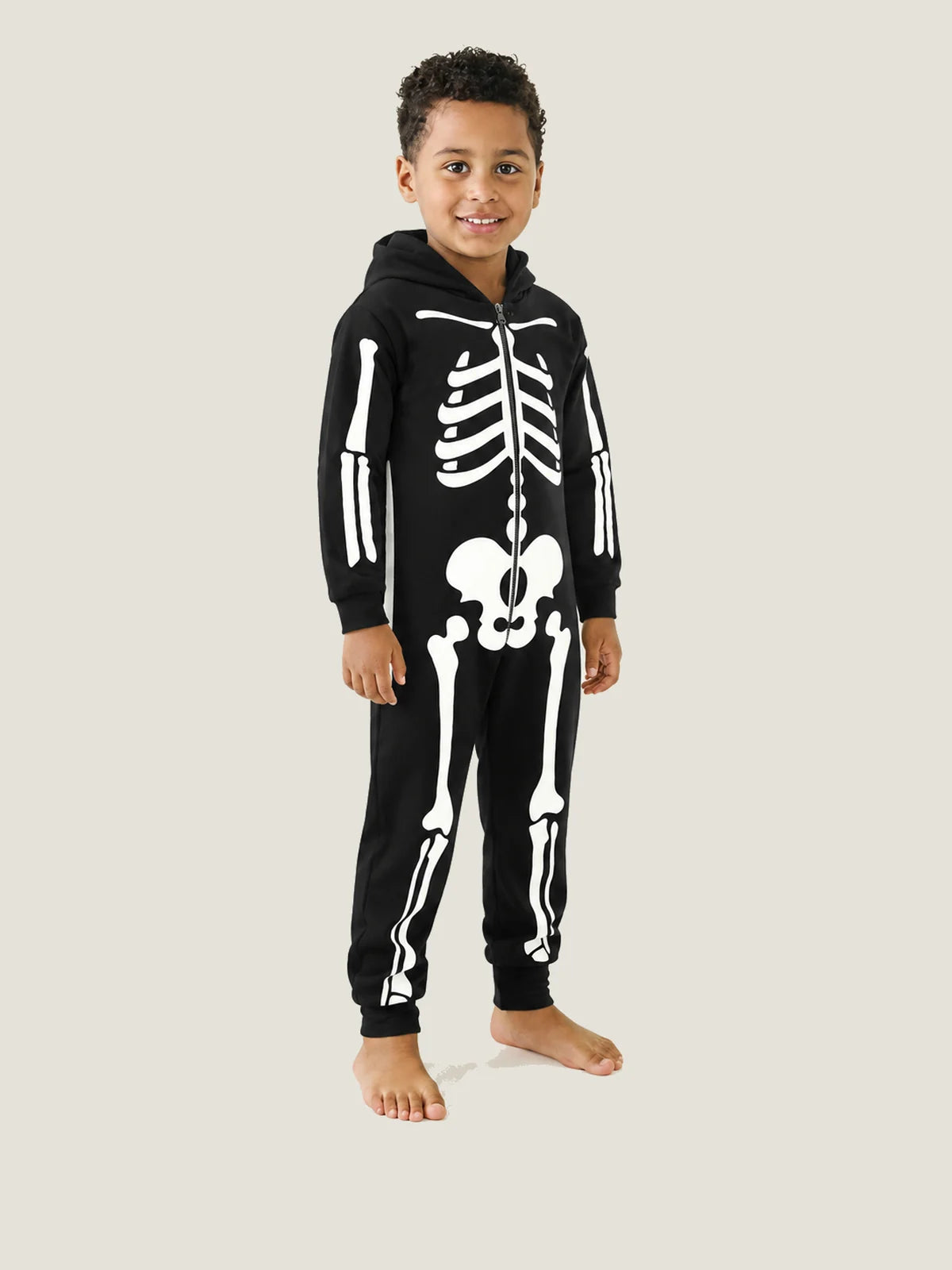 Kids’ Glow-in-the-Dark Skeleton Hooded Jumpsuit for Halloween