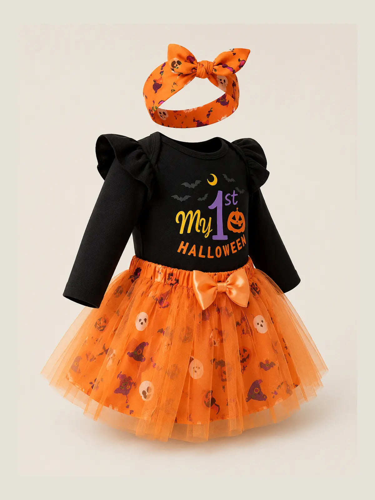 Baby Halloween Party Romper, Cartoon Pumpkin & Witch Hat Costume