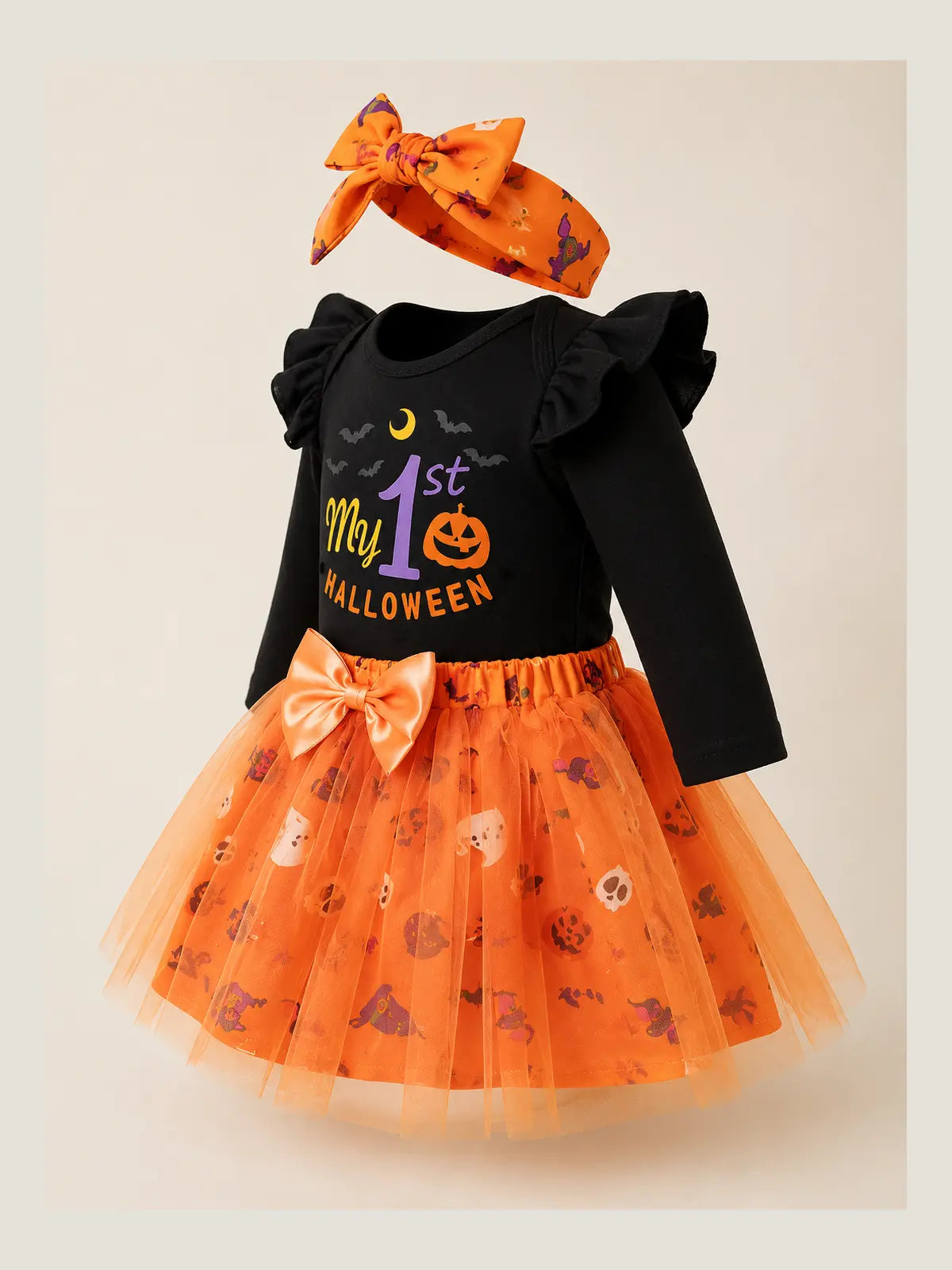 Baby Halloween Party Romper, Cartoon Pumpkin & Witch Hat Costume