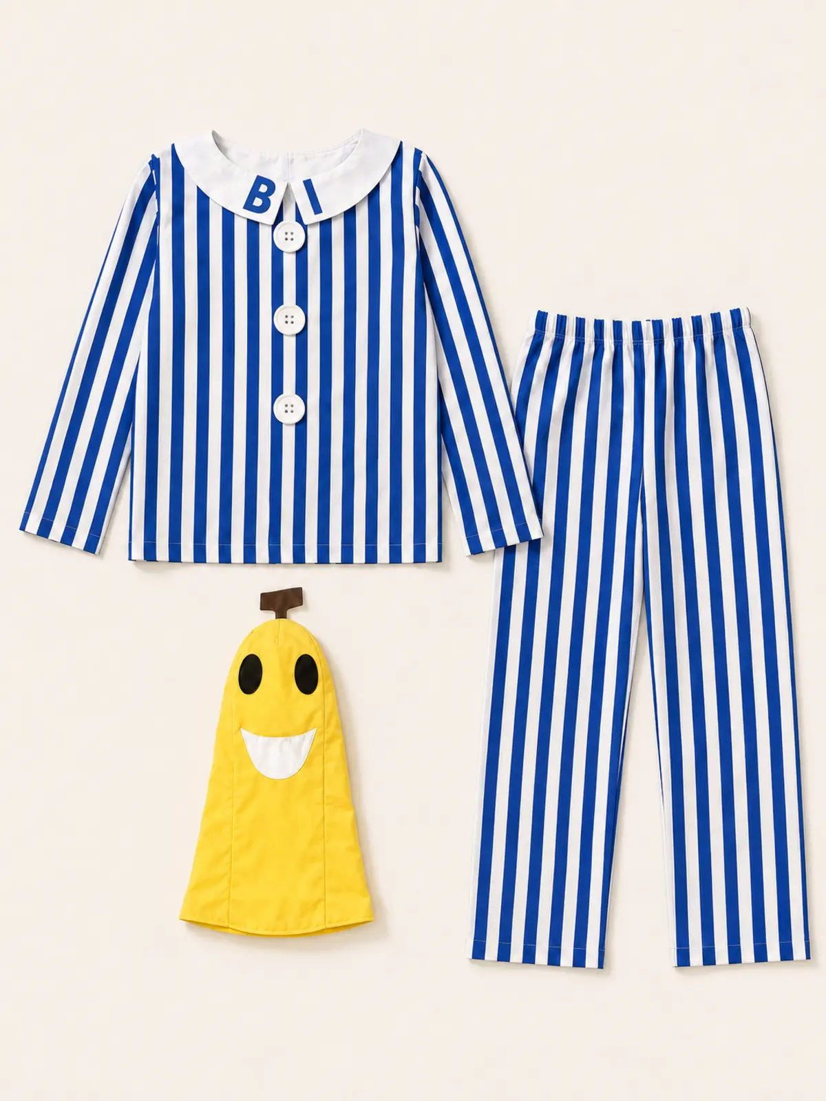 Cartoon Sick Banana Halloween Costume, Blue‑White Striped Banana Role‑Play Pajama Outfit
