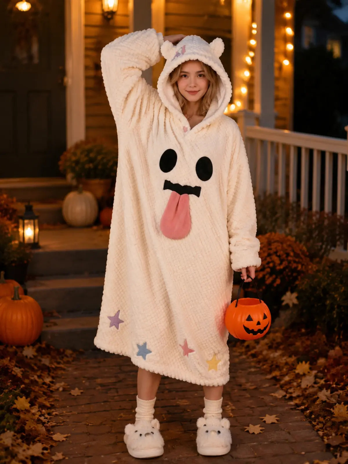Halloween Plush Hooded Sleep Robe, Ghost Pumpkin Spooky‑Face Coral Fleece Loungewear