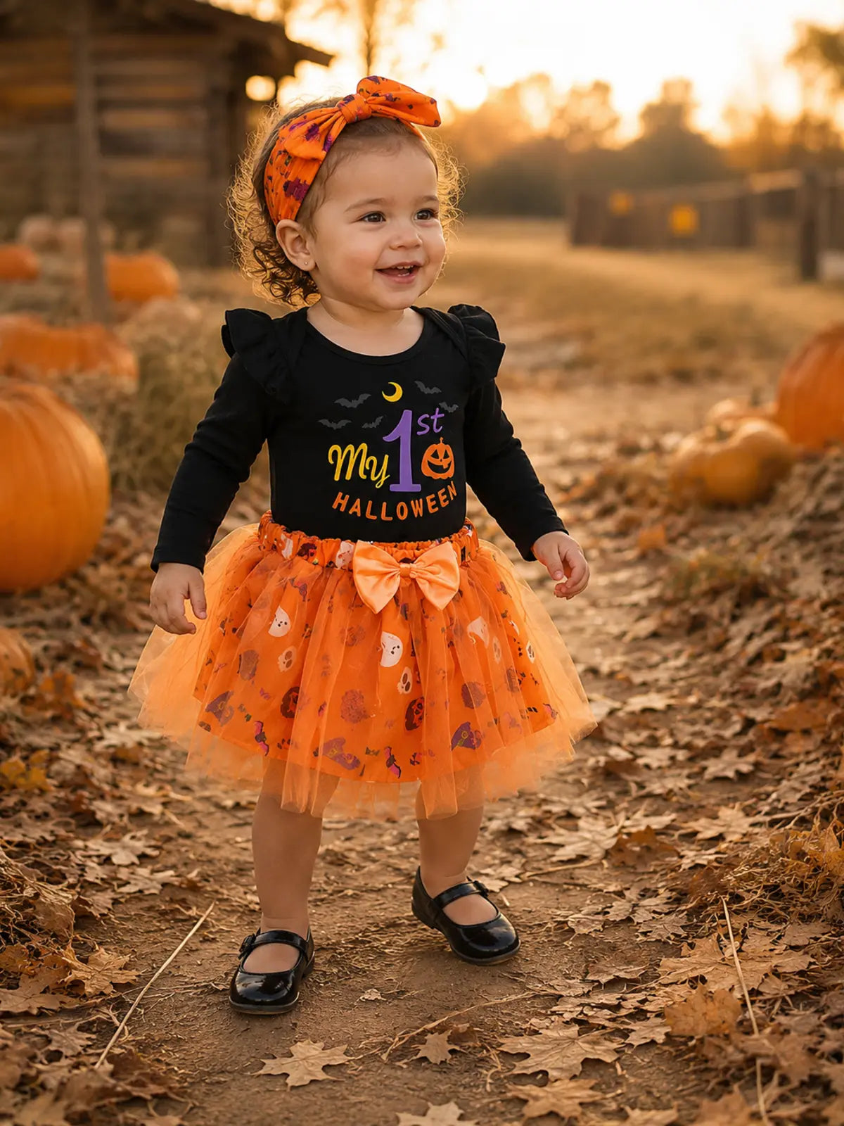 Baby Halloween Party Romper, Cartoon Pumpkin & Witch Hat Costume