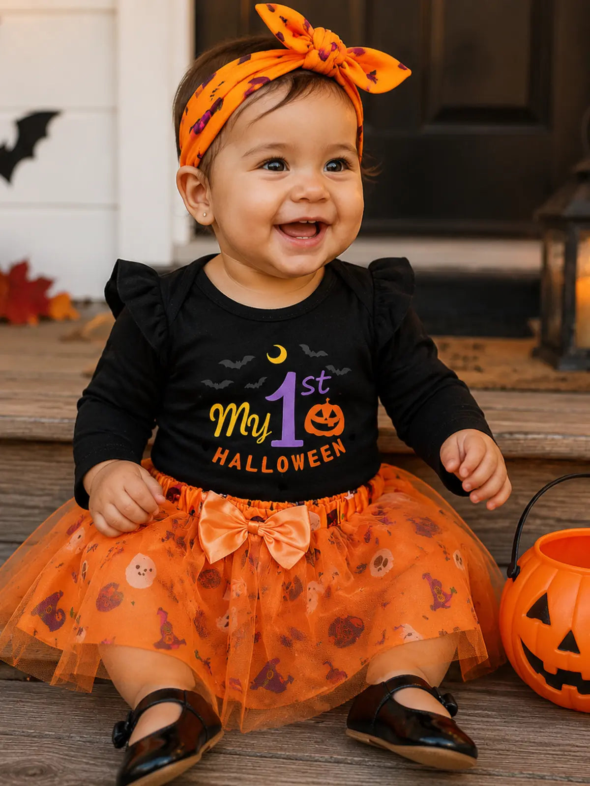Baby Halloween Party Romper, Cartoon Pumpkin & Witch Hat Costume