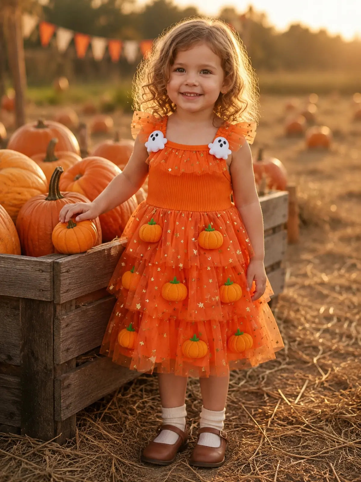 Girls’ Pumpkin Tulle Halloween Party Dress