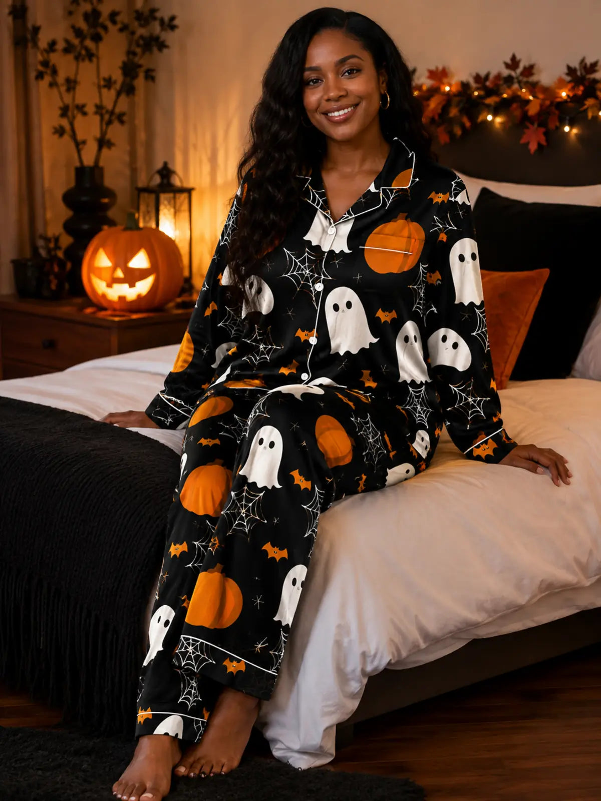 Cartoon Bat & Ghost All‑Over Print Long Sleeve Pajama Set