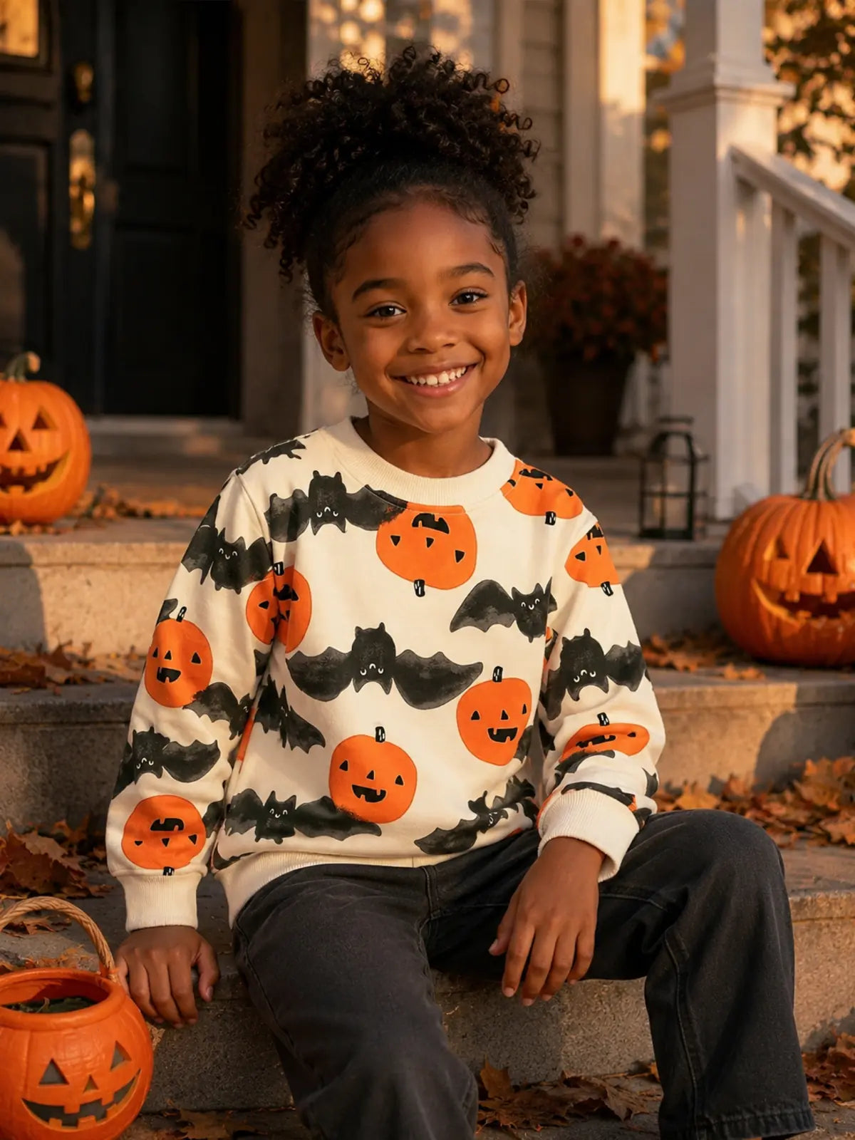 Kids Halloween Long‑Sleeve Sweatshirt, Cartoon Pumpkin Print