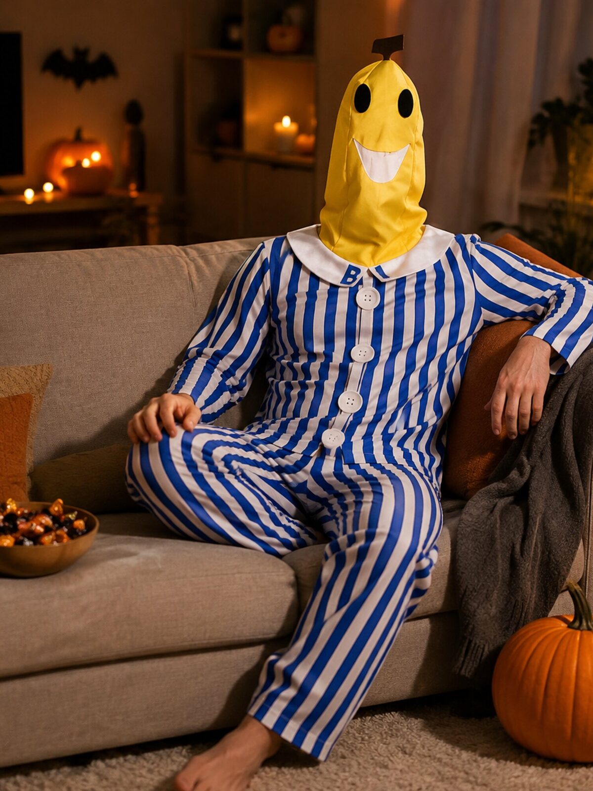 Cartoon Sick Banana Halloween Costume, Blue‑White Striped Banana Role‑Play Pajama Outfit