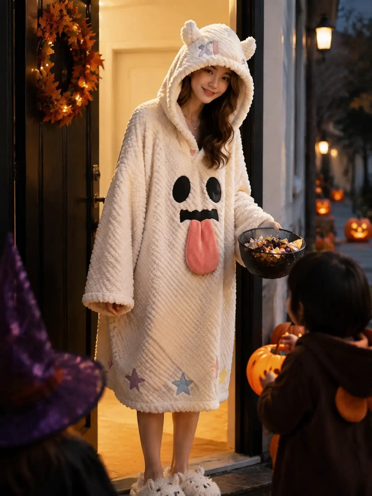 Halloween Plush Hooded Sleep Robe, Ghost Pumpkin Spooky‑Face Coral Fleece Loungewear