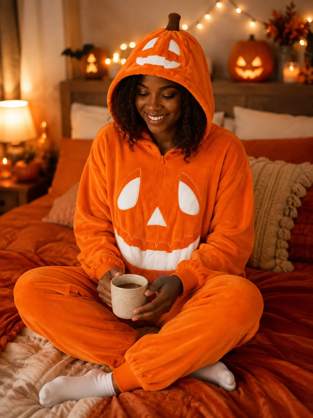 Plush Jack-O’-Lantern Hooded Halloween Onesie Pajamas
