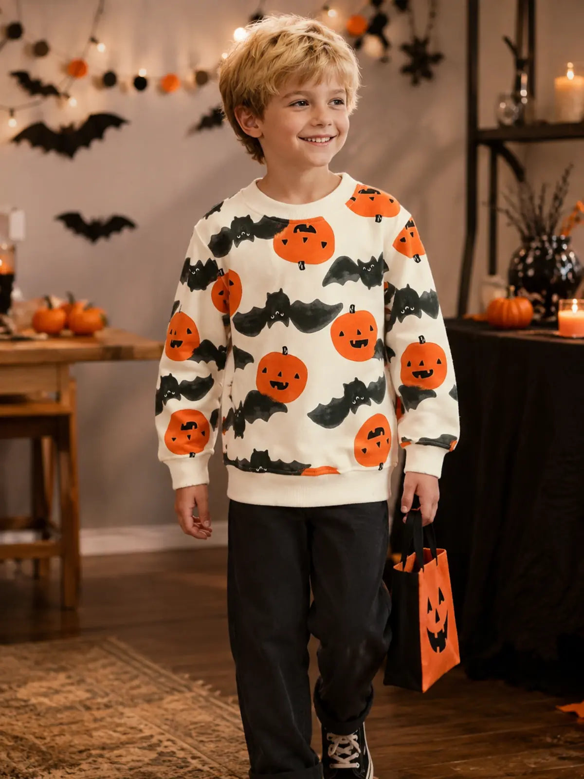 Kids Halloween Long‑Sleeve Sweatshirt, Cartoon Pumpkin Print