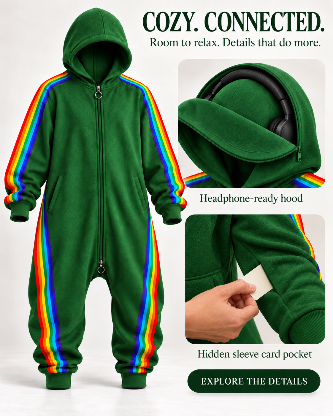 Green rainbow-stripe hooded adult onesie with illustrated headphone-ready hood and hidden sleeve card pocket