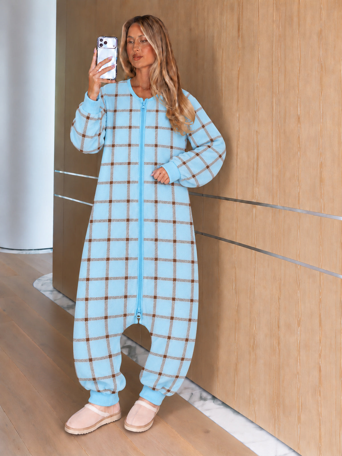 Adult model wearing — Ice Blue Plaid Onesie