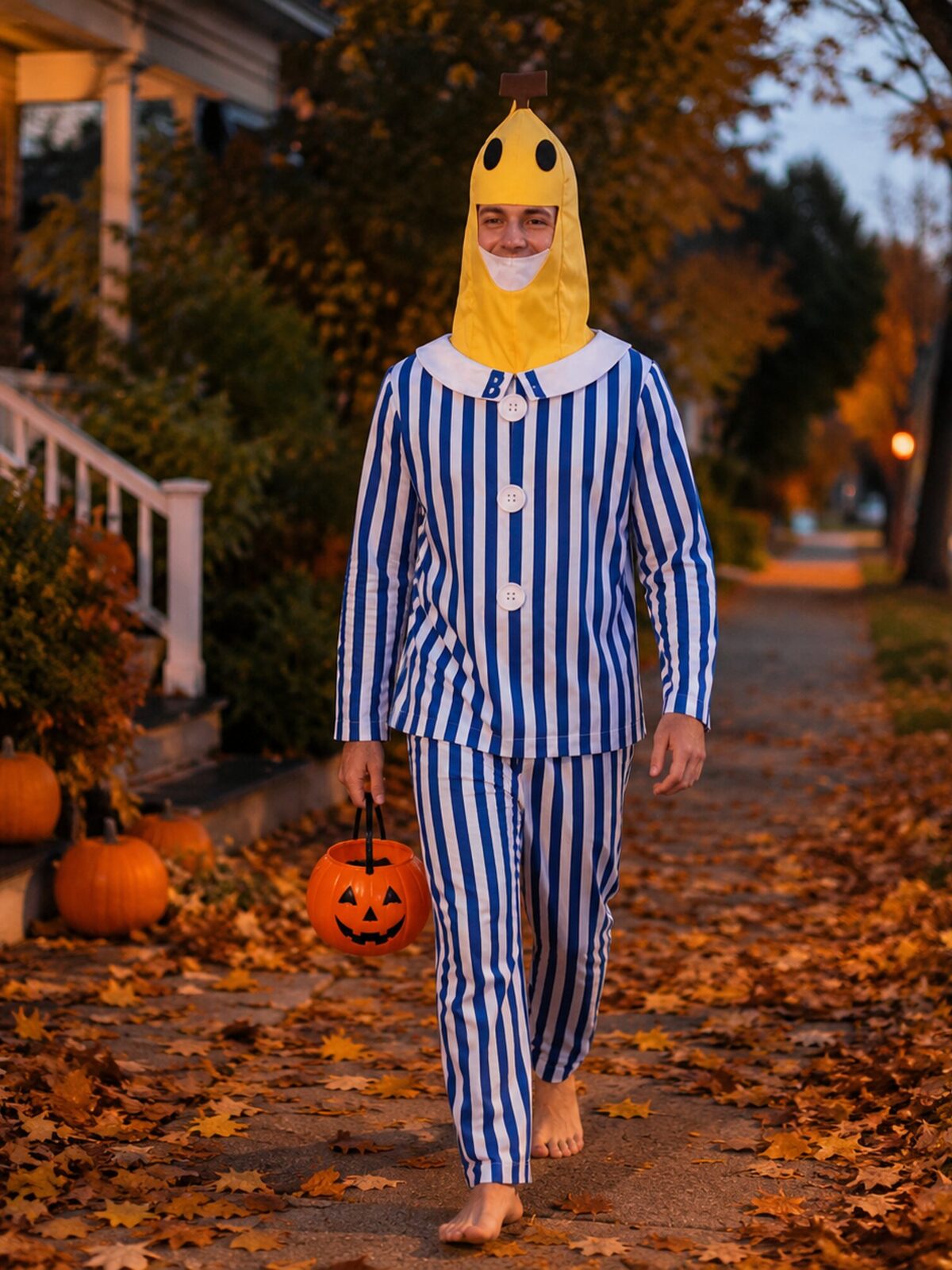 Cartoon Sick Banana Halloween Costume, Blue‑White Striped Banana Role‑Play Pajama Outfit