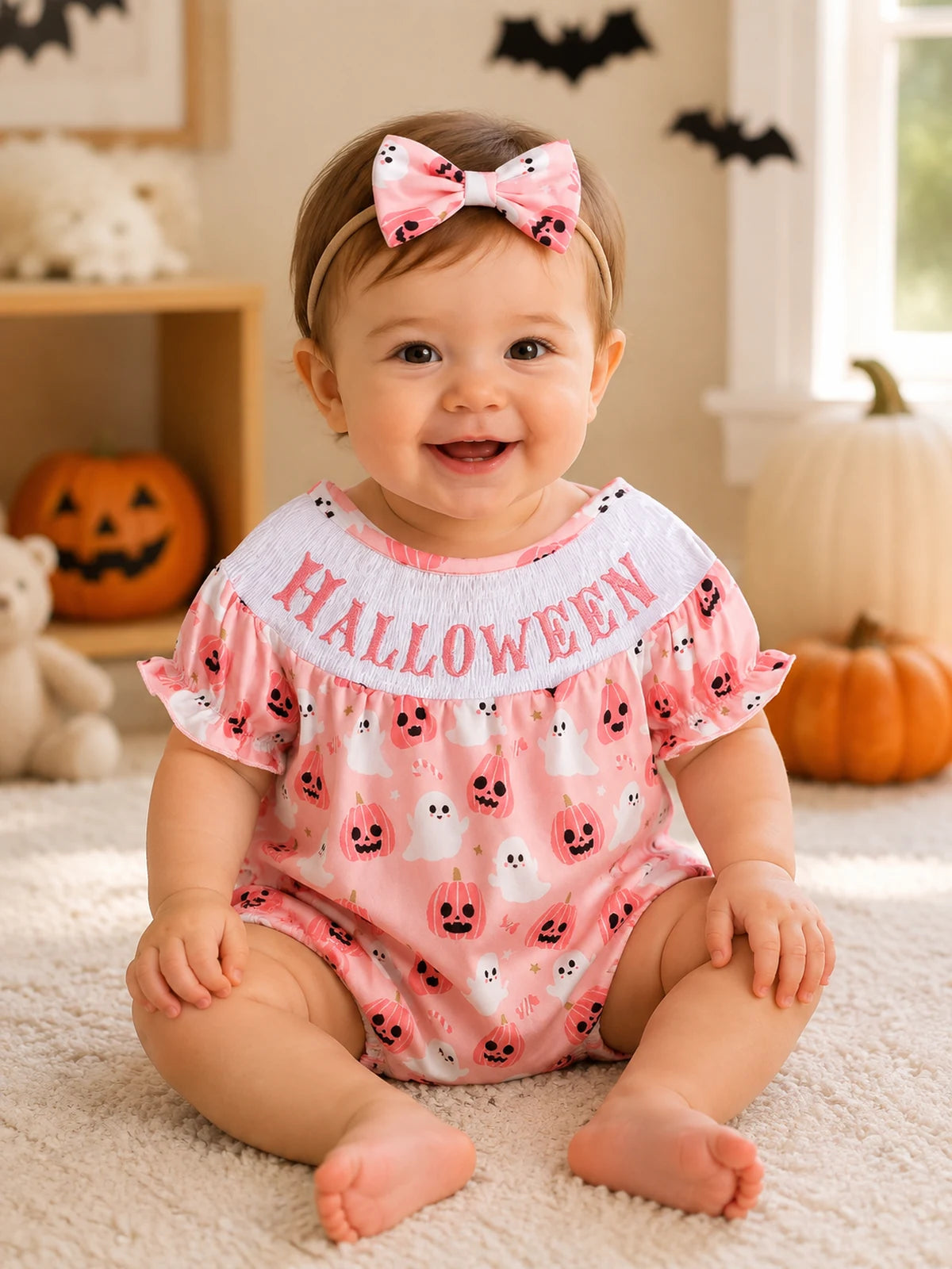 Baby Girls’ Pink Ghost & Pumpkin Halloween Romper