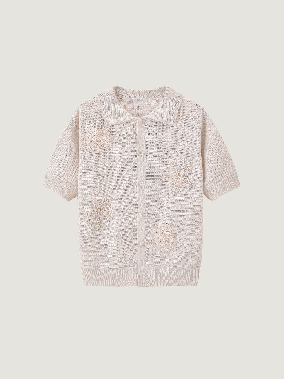 Sunny Escape Knit Crochet Beaded Appliqué Short Sleeve Polo Shirt For Adults