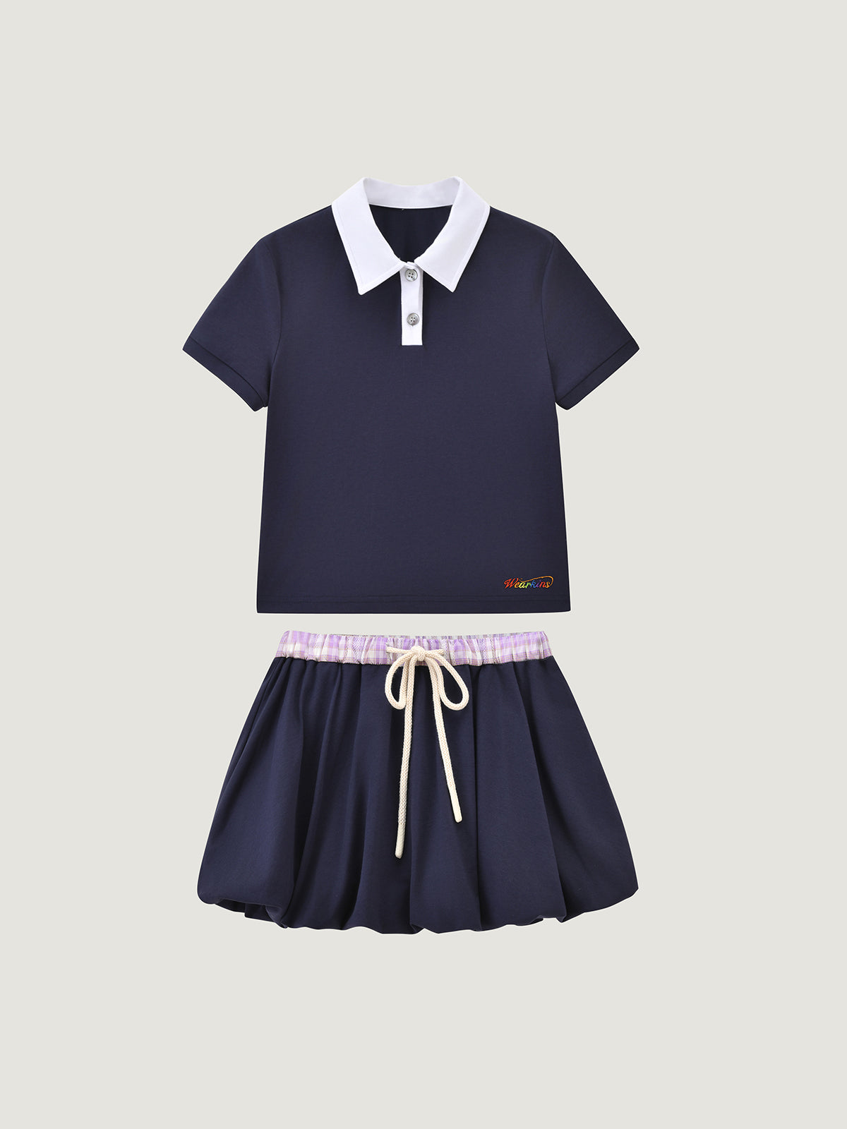 Kins Class Princess Collar Crop Polo Tee & Puffy Hem Mini Skirt For Kids