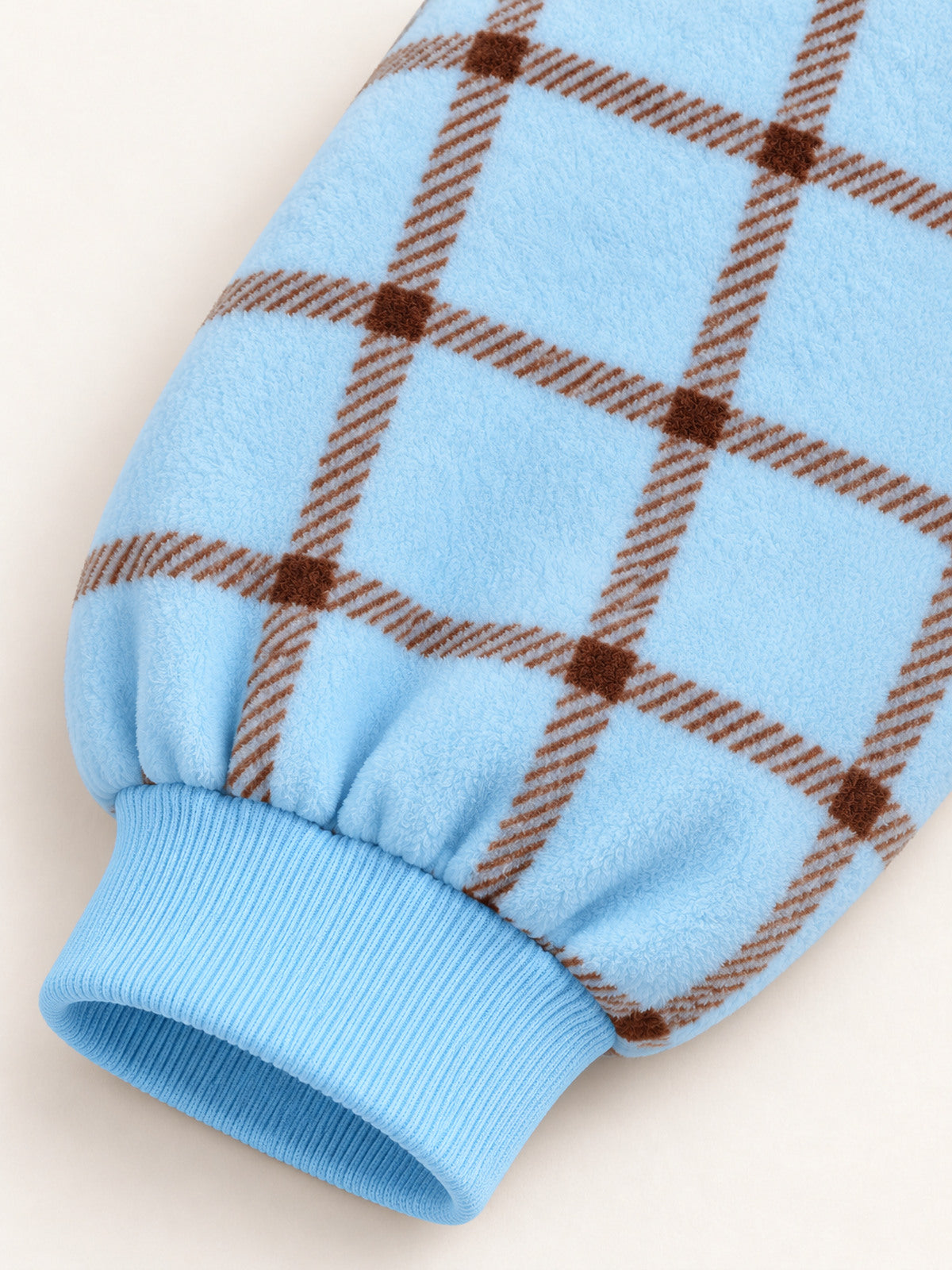 Gathered long sleeve and blue ribbed wrist cuff detail — Ice Blue Plaid Onesie