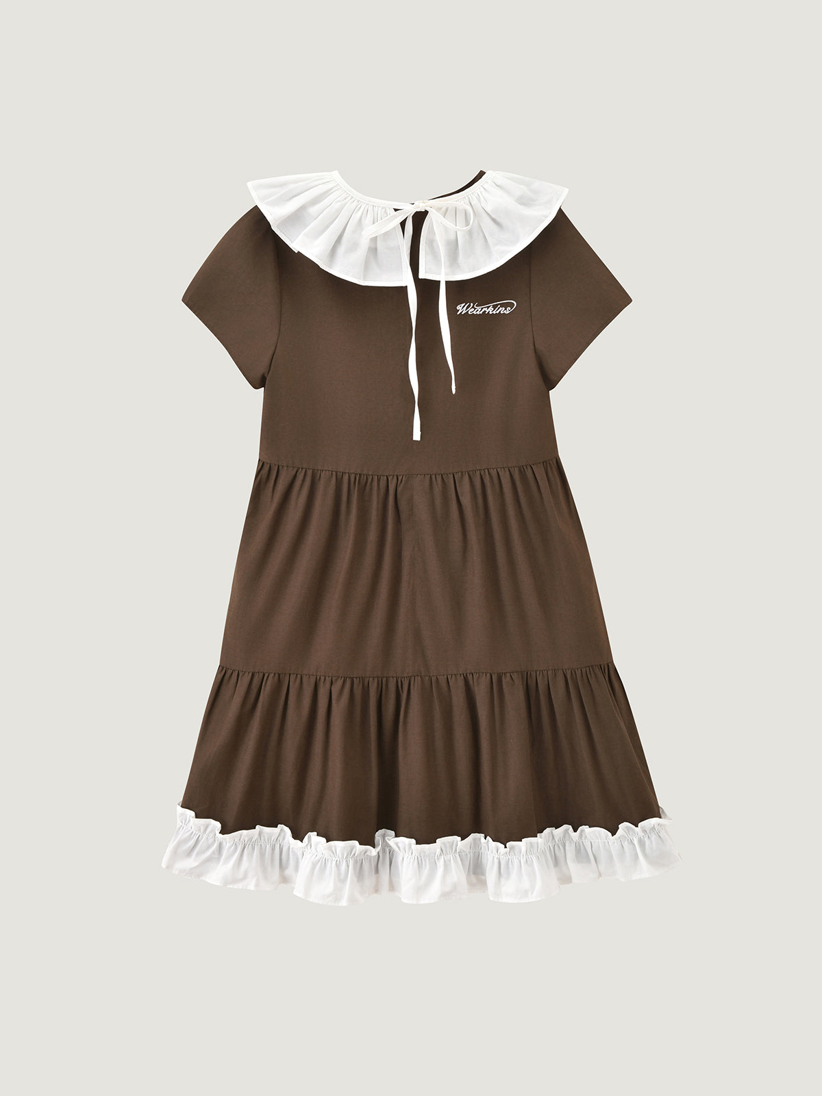 Contrast White Ruffle Collar Tiered Dress For Kids With Back Tie | KINS CLASS