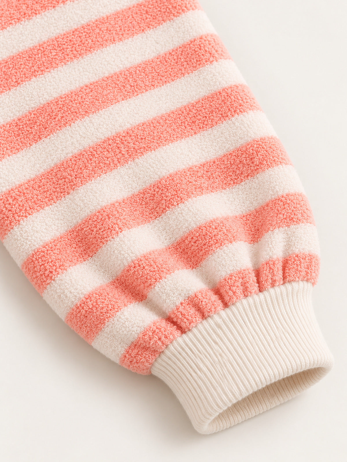 Gathered long sleeve and ribbed wrist cuff detail — Coral Pink Stripe Onesie