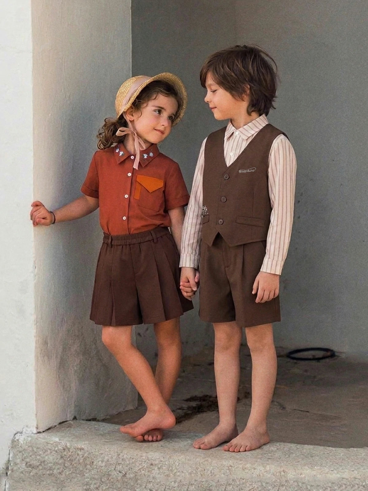 Kids' Embroidered Collar Shirt & Pleated Shorts Set | KINS CLASS