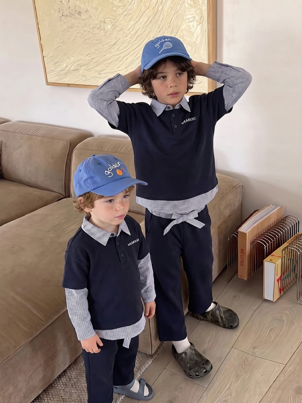 Kins Class Preppy Tiny Gingham Spliced Sweatshirt & Pants for Kids