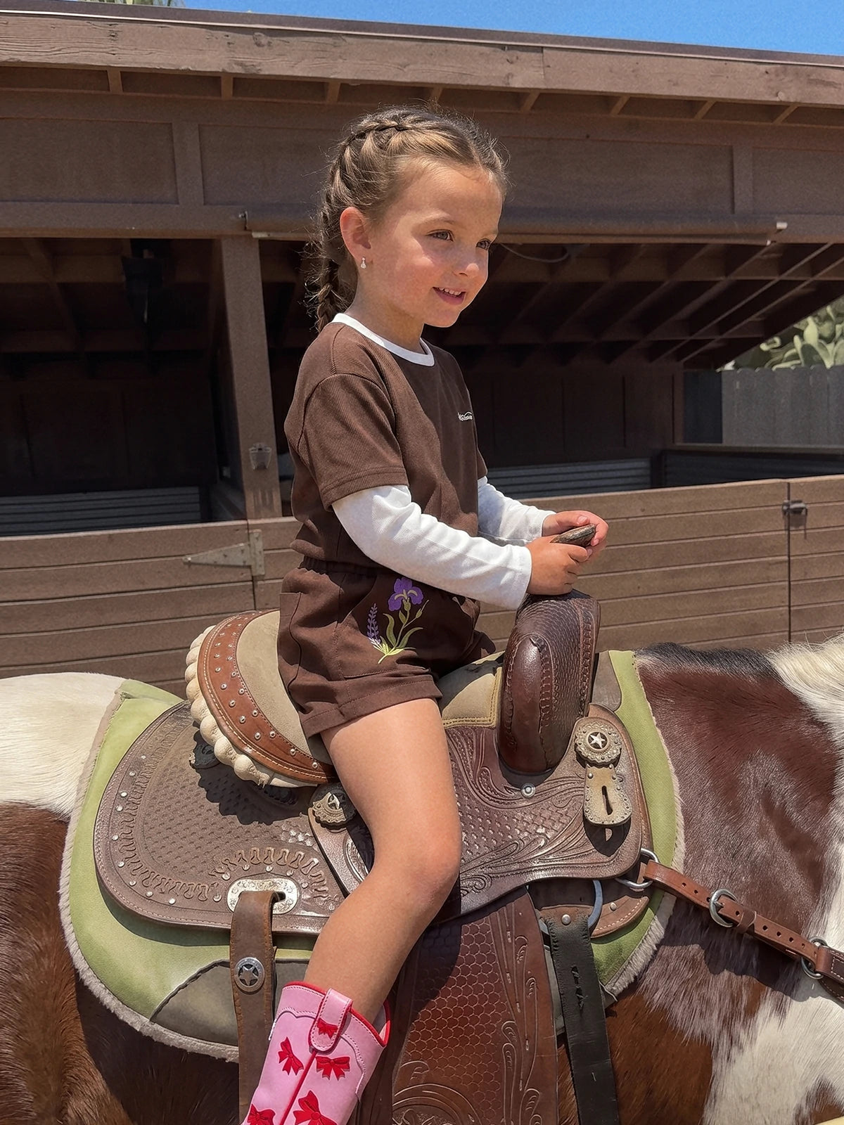 Kid's Brown Layered Tee & Floral Embroidered Shorts Set | KINS CLASS