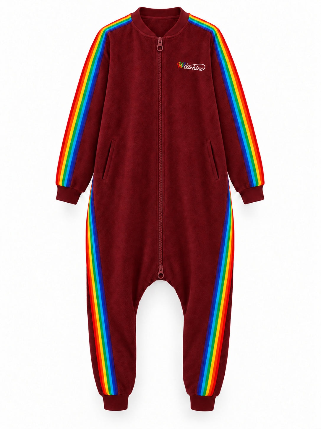 Red rainbow-stripe zip-front onesie, front product view