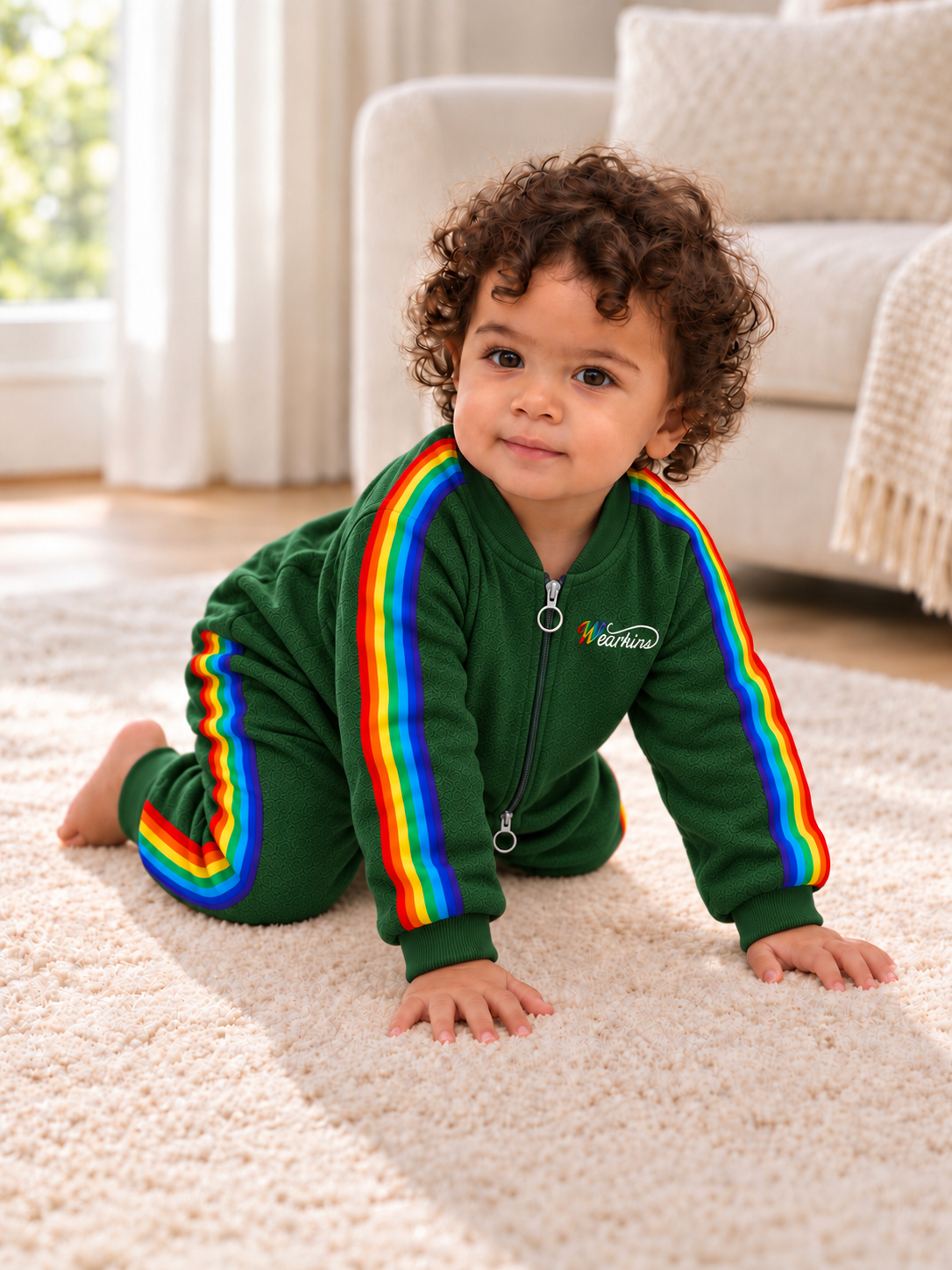 Baby wearing a green rainbow-stripe zip-front onesie while crawling indoors