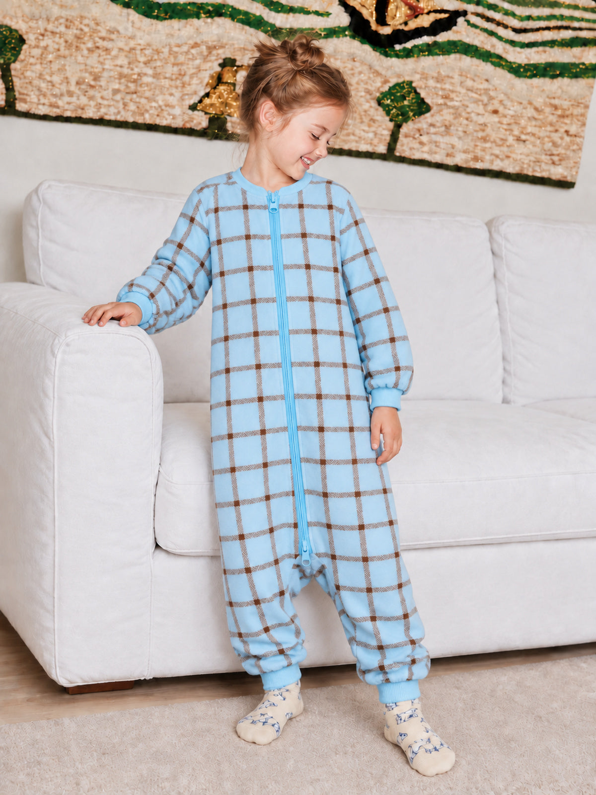 Ice Blue Plaid Matching Family Onesies