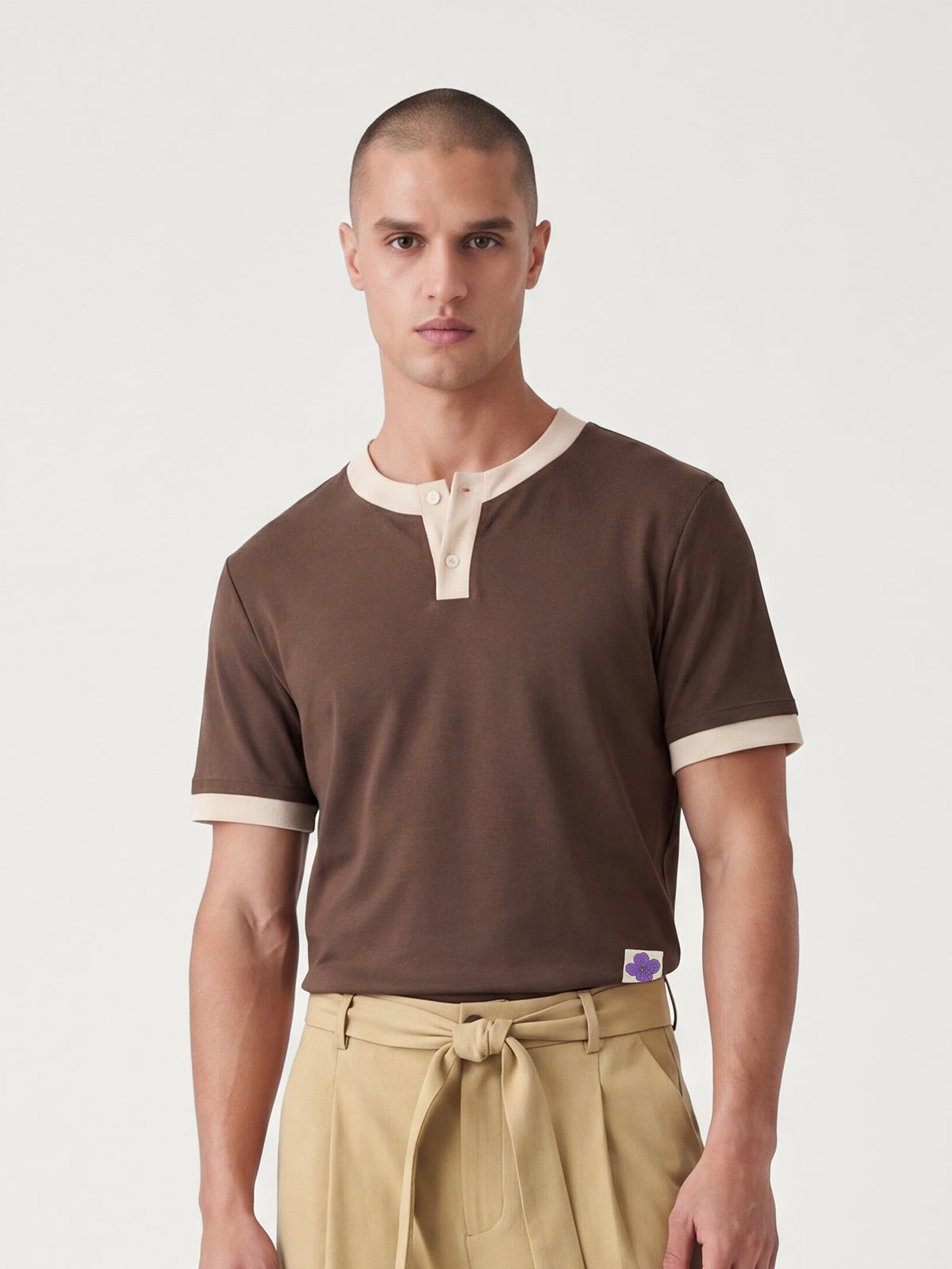 Contrast Trim Henley T-Shirt und Hose mit weitem Bein und Bindebund für Erwachsene | KINS CLASS