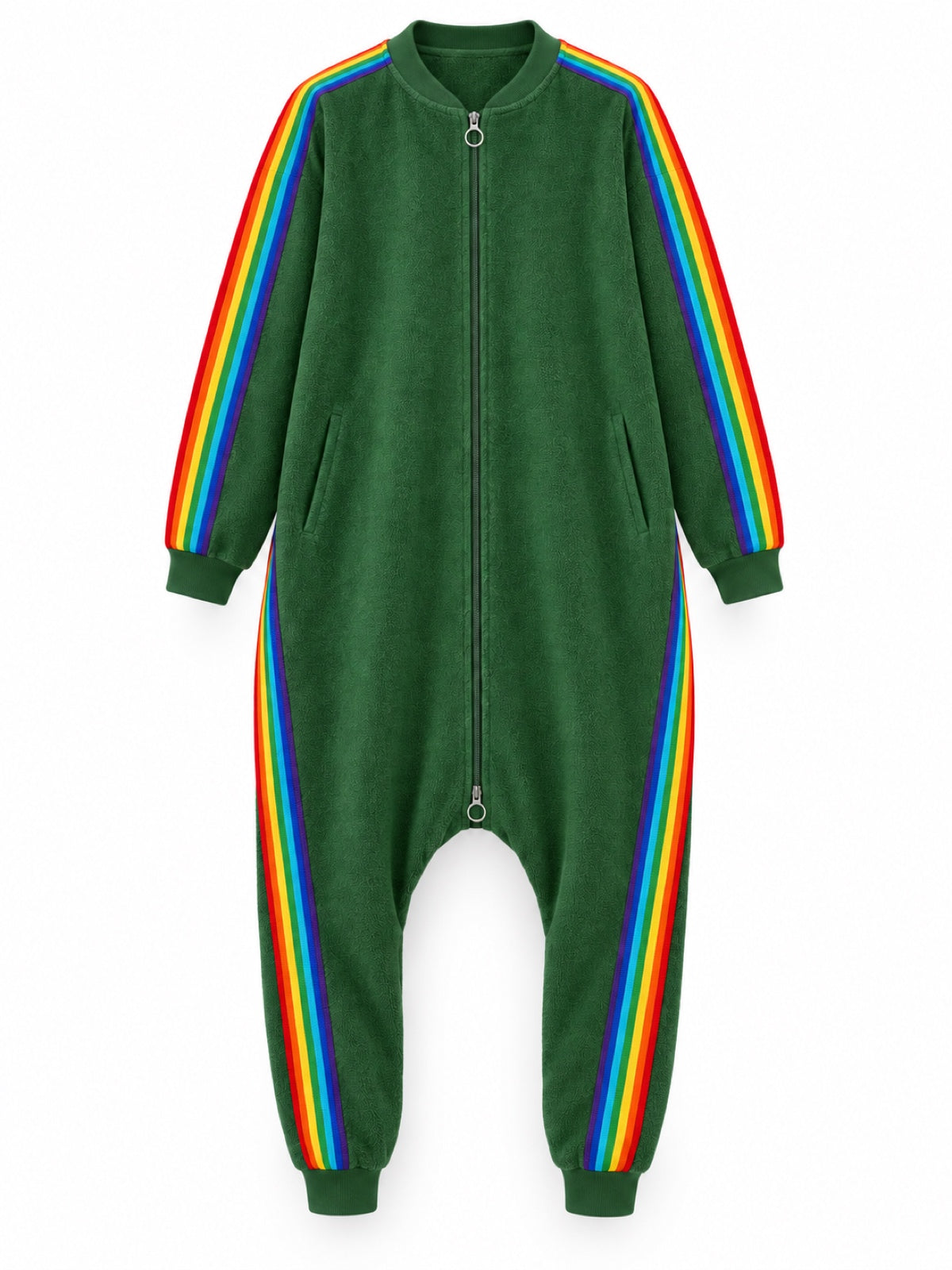 Green rainbow-stripe zip-front onesie, front product view