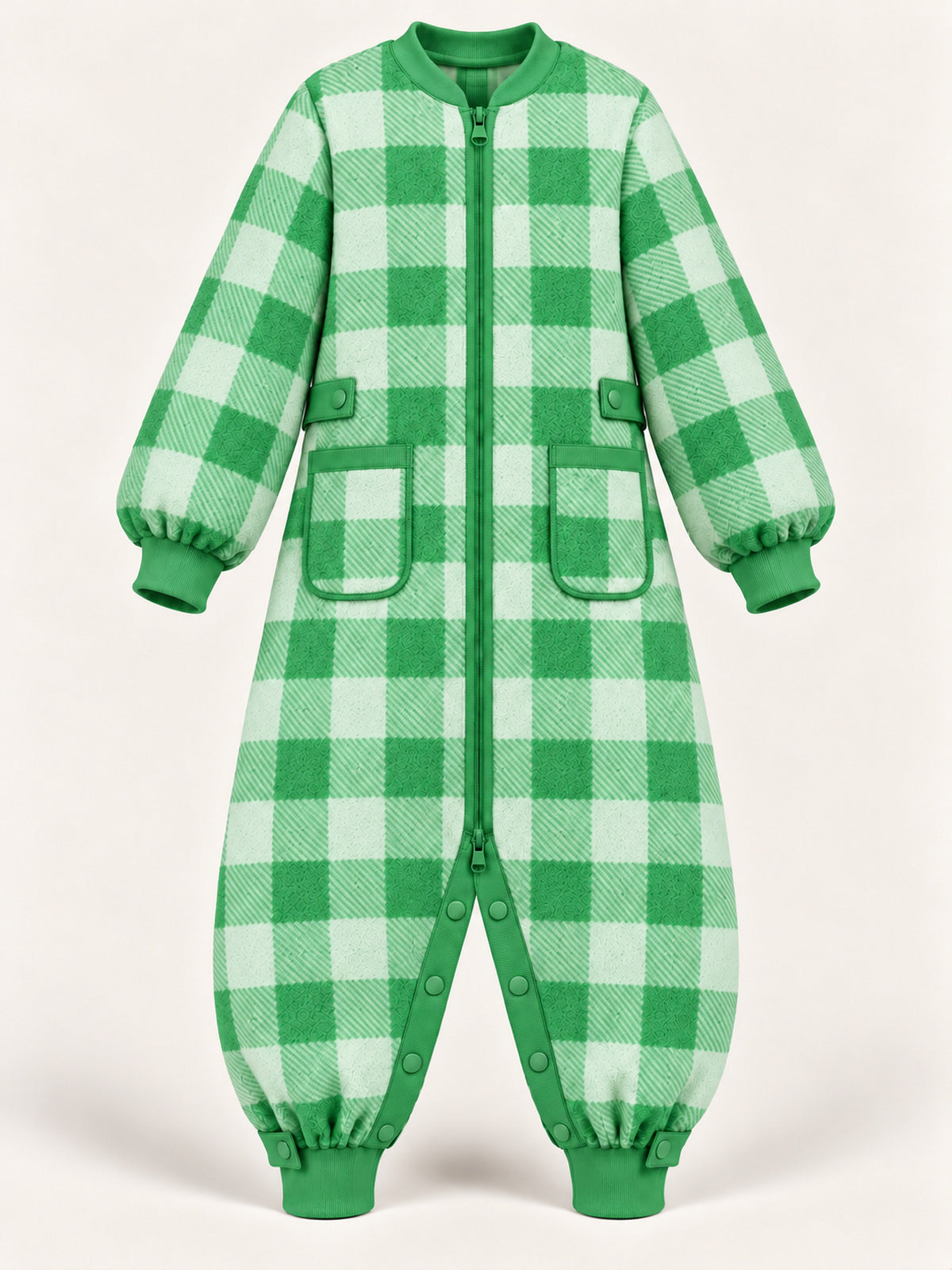 Front view of the green gingham adult onesie with a front zip, two patch pockets and inner-leg snaps