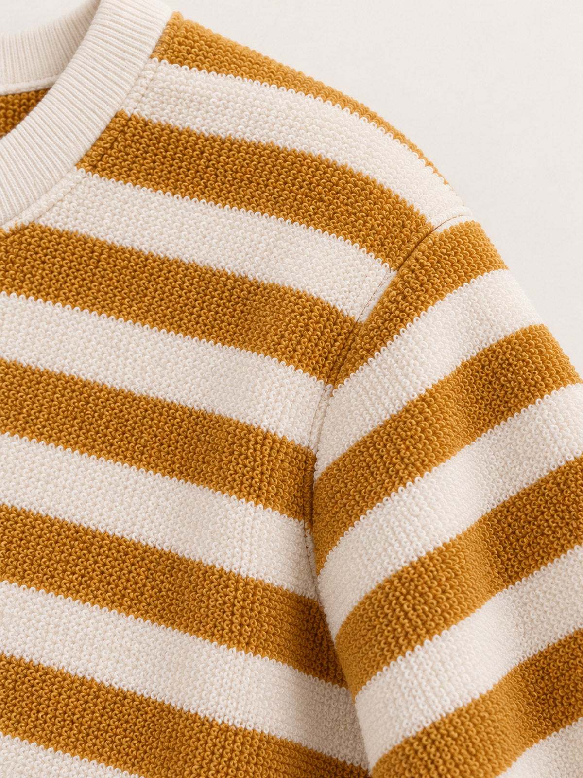 Shoulder seam and stripe detail — Mustard Stripe Onesie