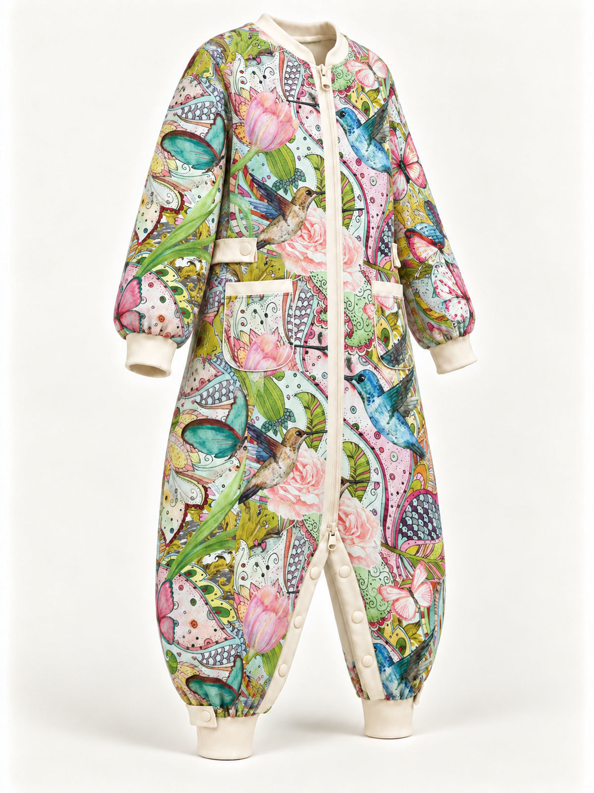 Hummingbird Garden floral onesie at a three-quarter angle showing ivory-trimmed pockets and zip front