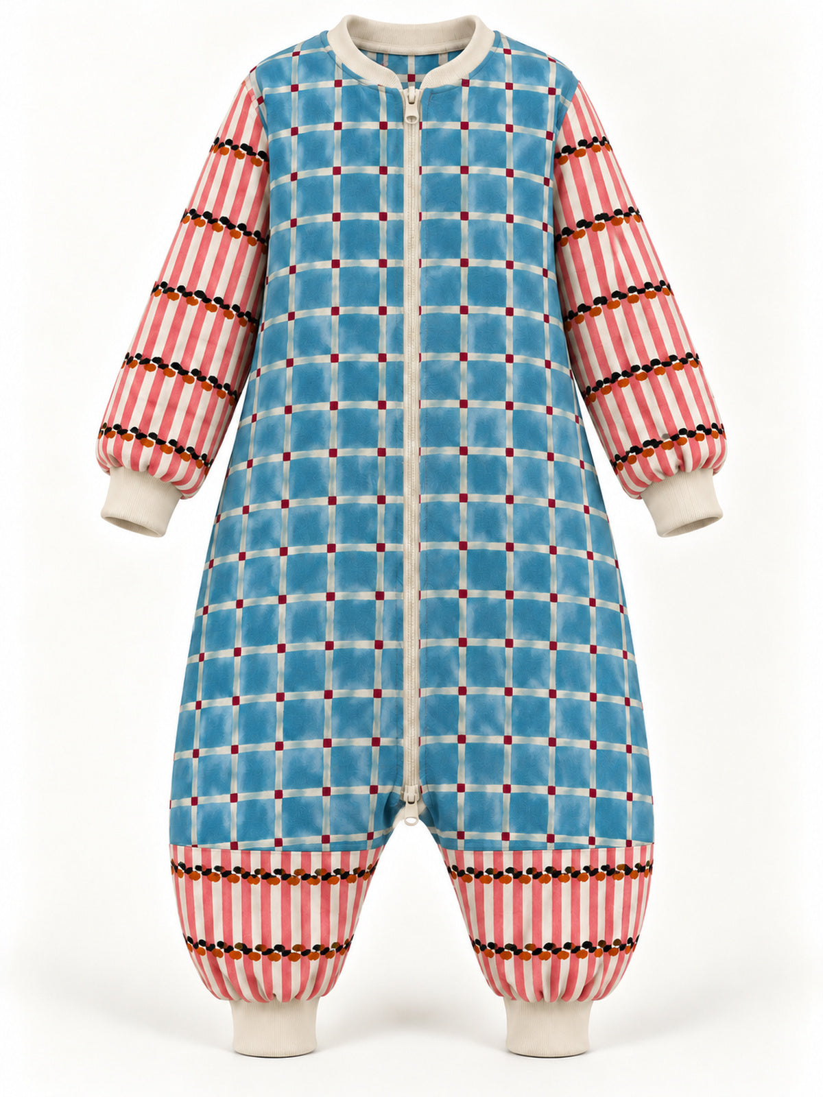 Front view of the blue checked family onesie with red striped sleeves and lower legs
