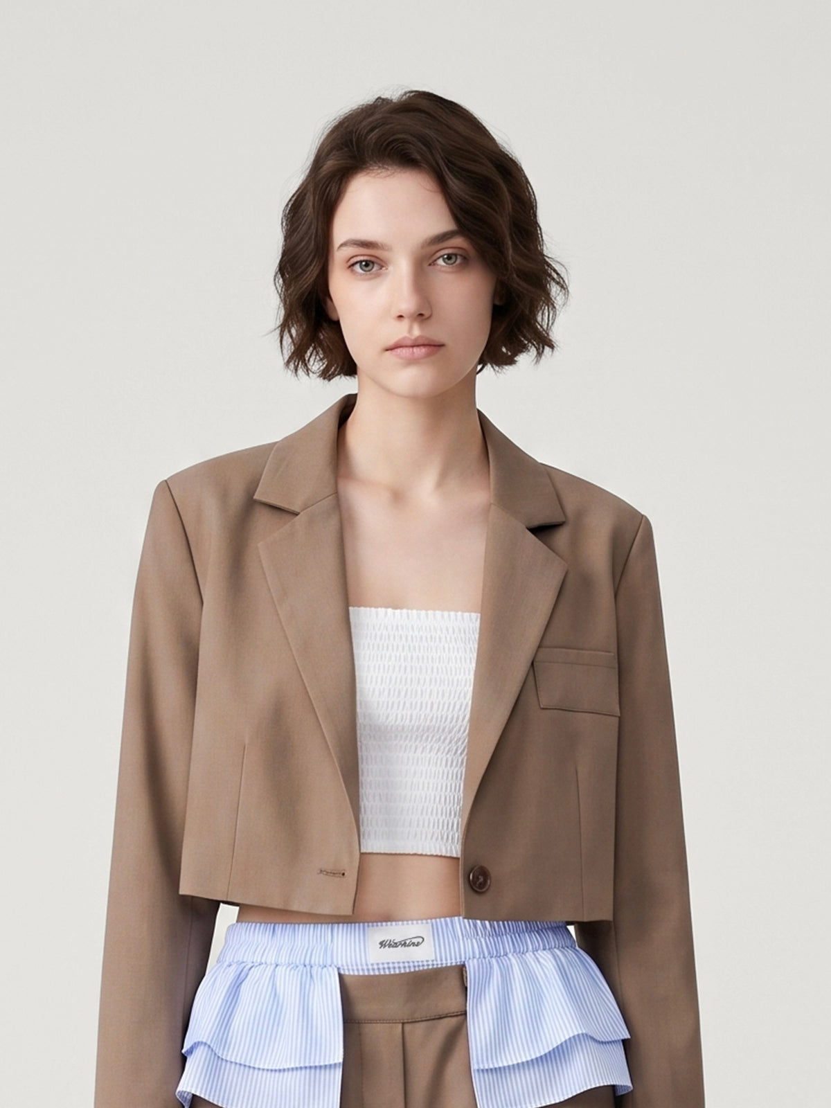 Adult Cropped Blazer Shorts Set with Striped Ruffle Hem | KINS CLASS
