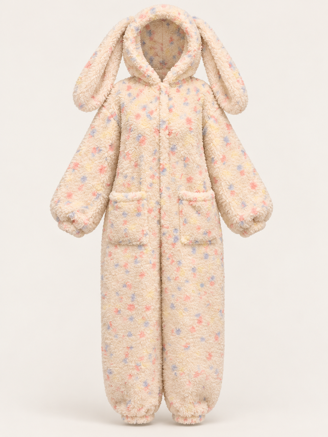 Front view of Wearkins adult pastel fleece onesie with long bunny ears, two patch pockets and gathered ankle openings.