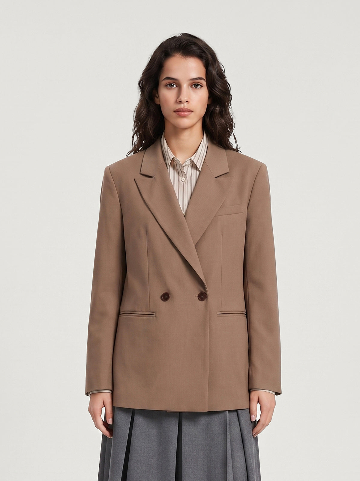 Set aus Oversize-Blazer, gestreiftem Hemd und plissiertem Midirock für Erwachsene | KINS CLASS
