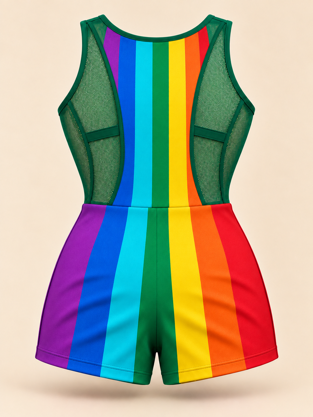 Back view of Wearkins sleeveless rainbow striped romper with green mesh panels and short legs