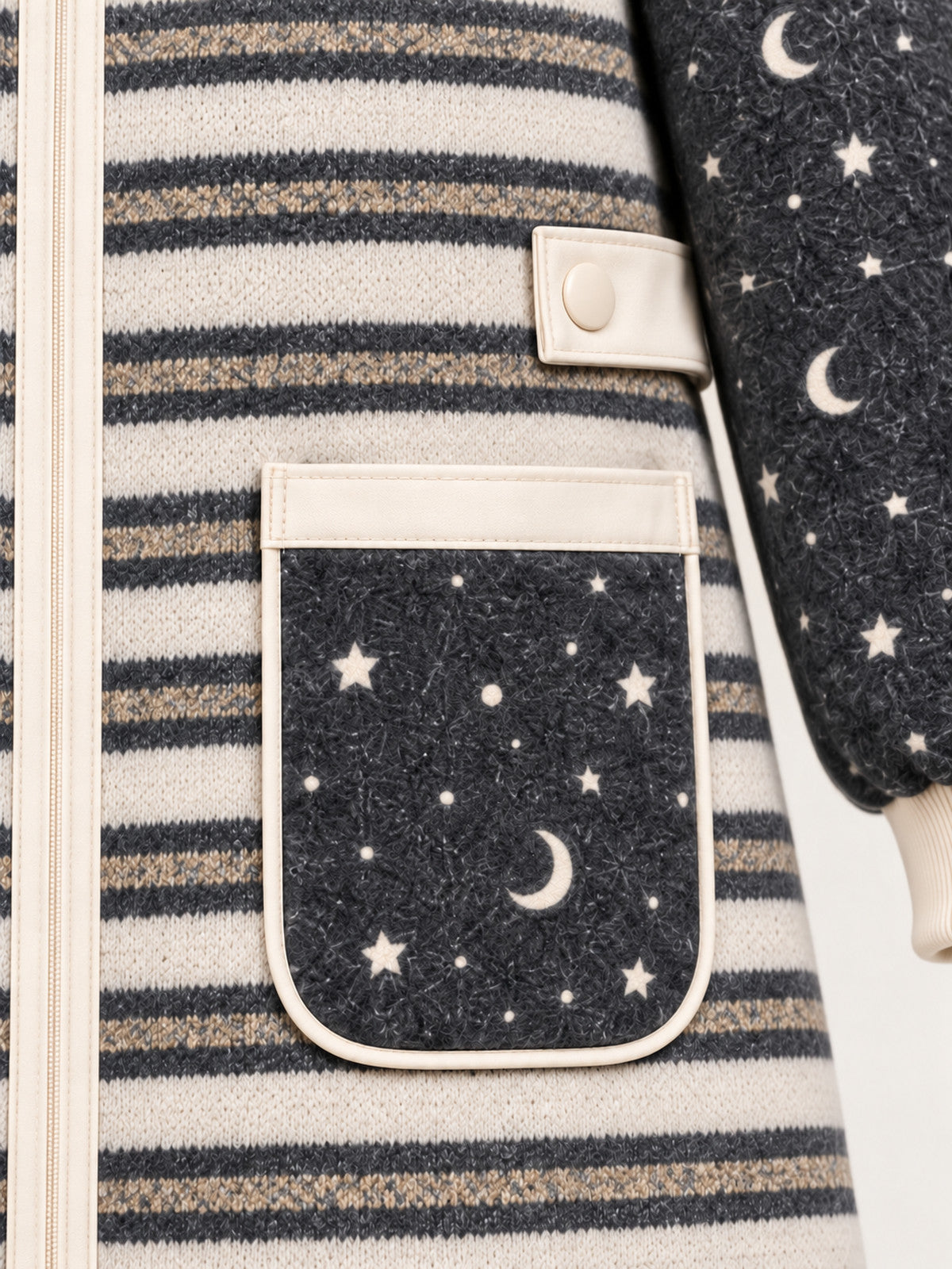 Close-up of the star-and-moon patch pocket with cream edging and a waist snap tab