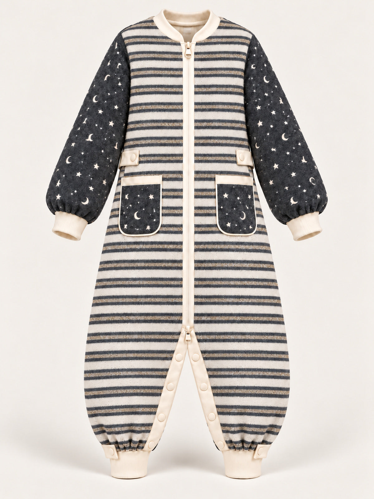 Front view of the cream and charcoal striped adult onesie with star-and-moon sleeves, pockets and inner-leg snaps