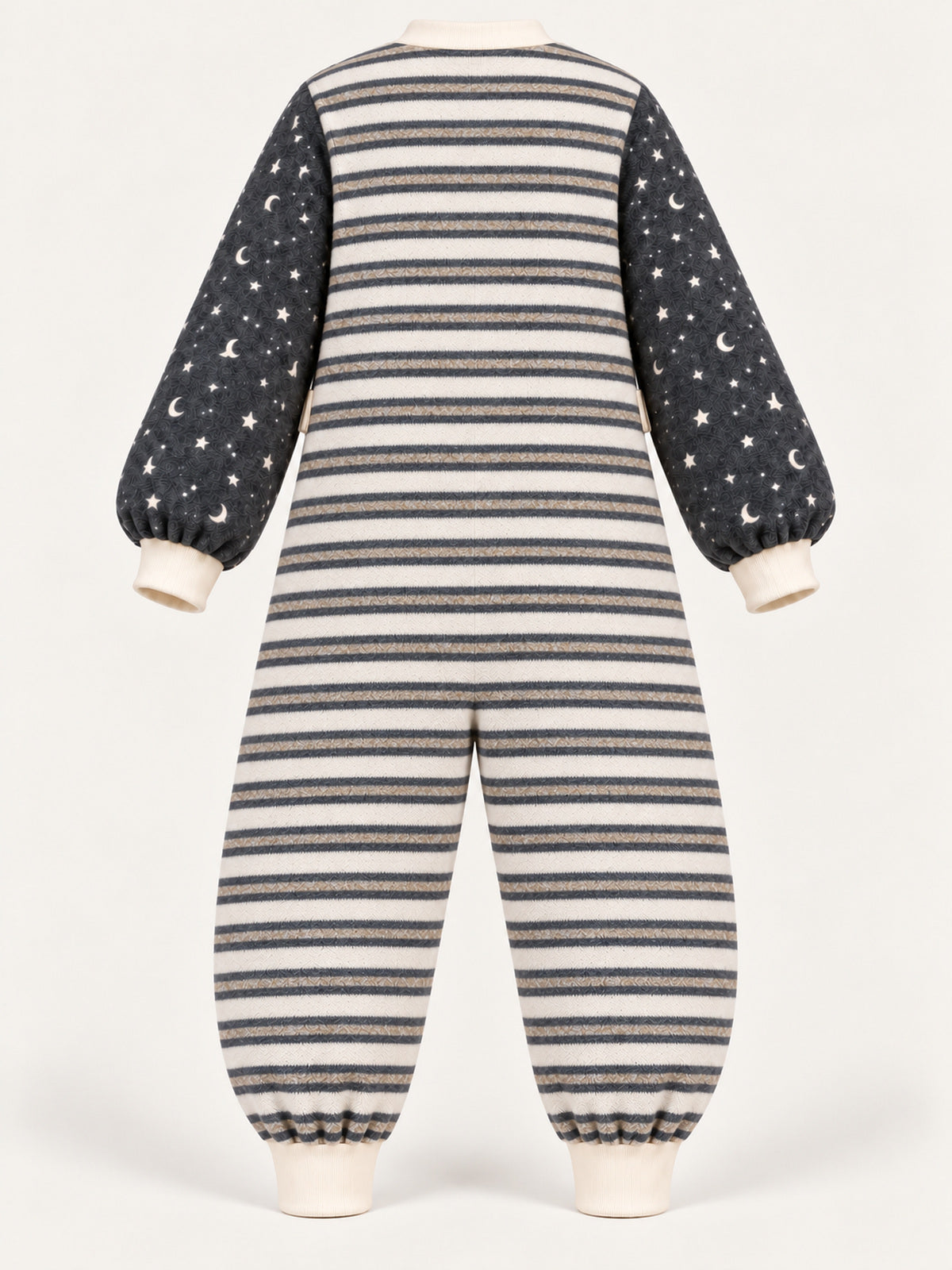 Back view of the striped adult onesie with star-and-moon sleeves and ribbed ankle cuffs