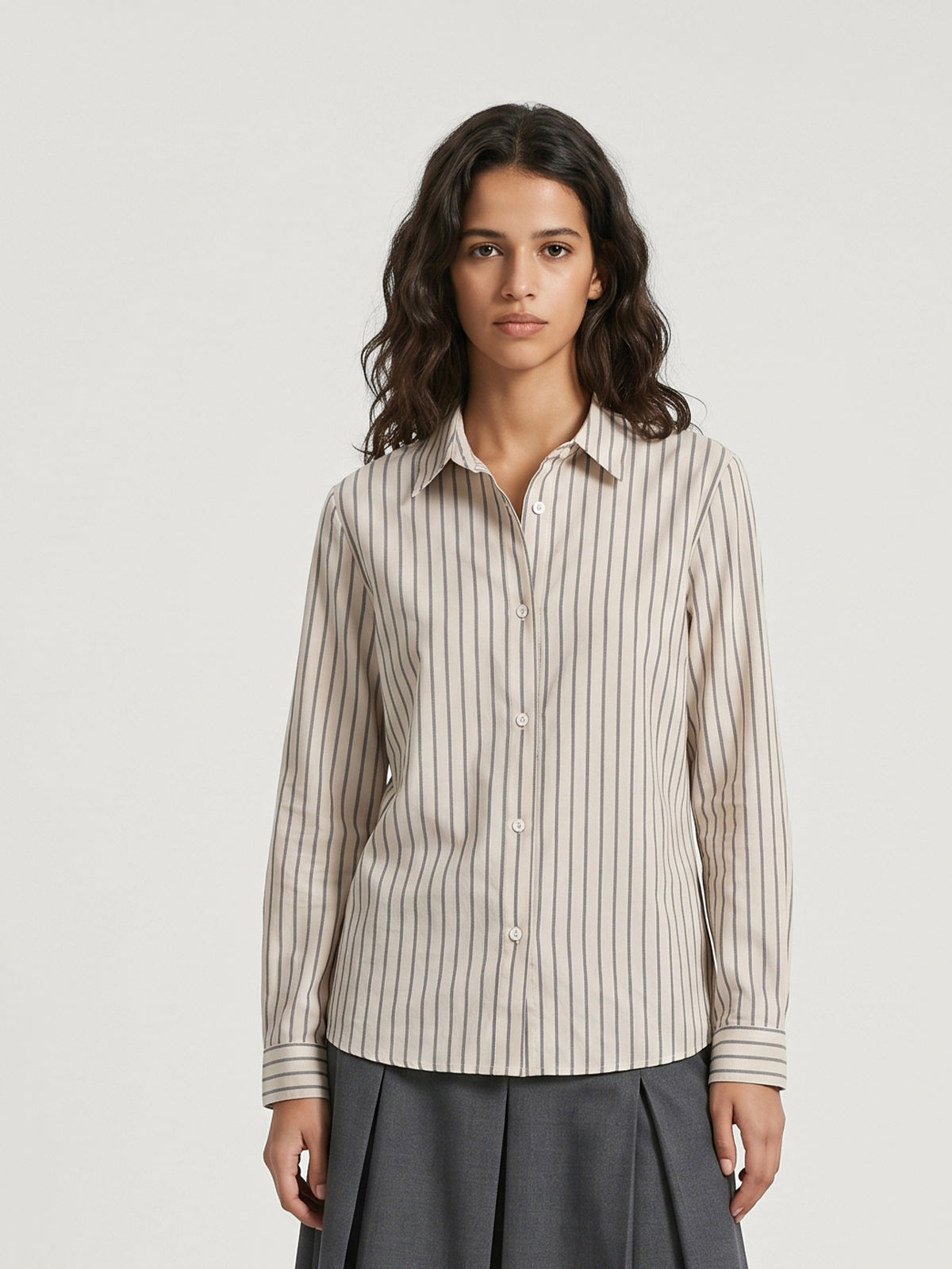 Set aus Oversize-Blazer, gestreiftem Hemd und plissiertem Midirock für Erwachsene | KINS CLASS