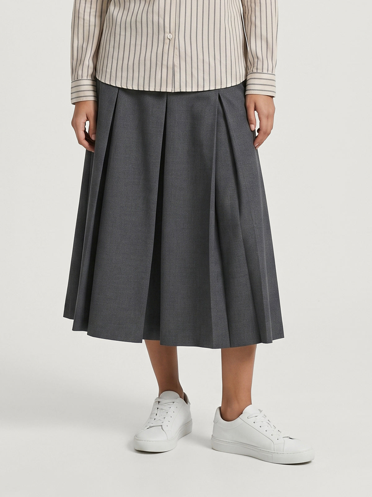Set aus Oversize-Blazer, gestreiftem Hemd und plissiertem Midirock für Erwachsene | KINS CLASS
