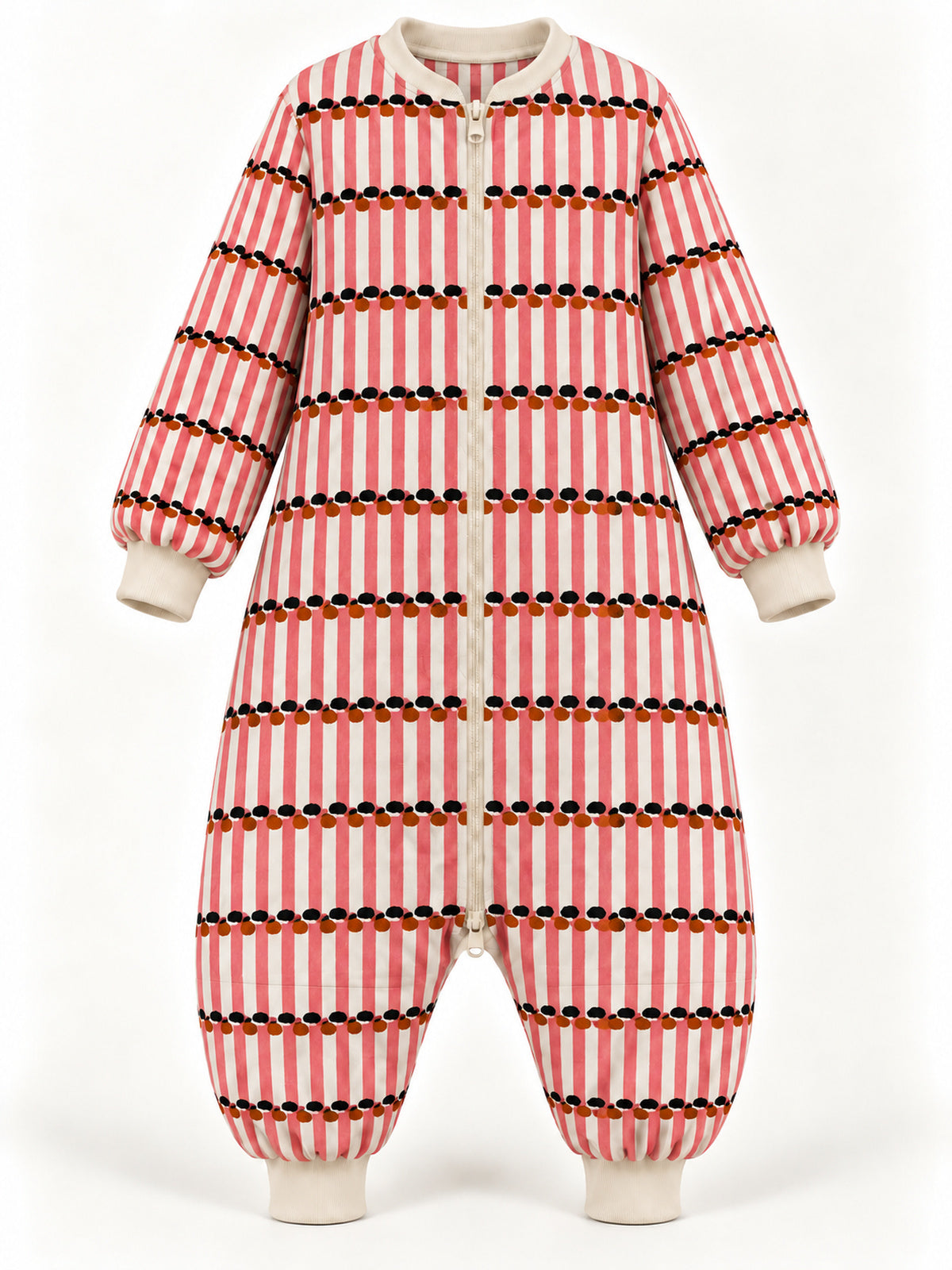 Front view of the red and ivory striped zip-front family onesie with contrasting oval motifs