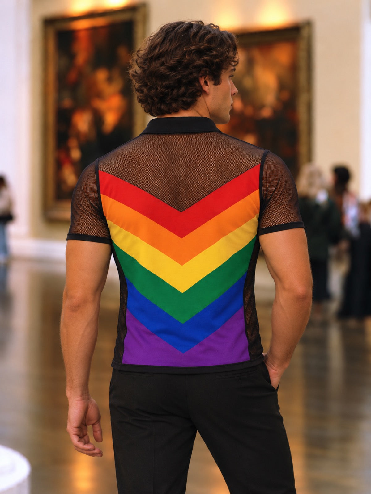 Wearkins adult rainbow chevron button polo shirt, back view with black mesh short sleeves.